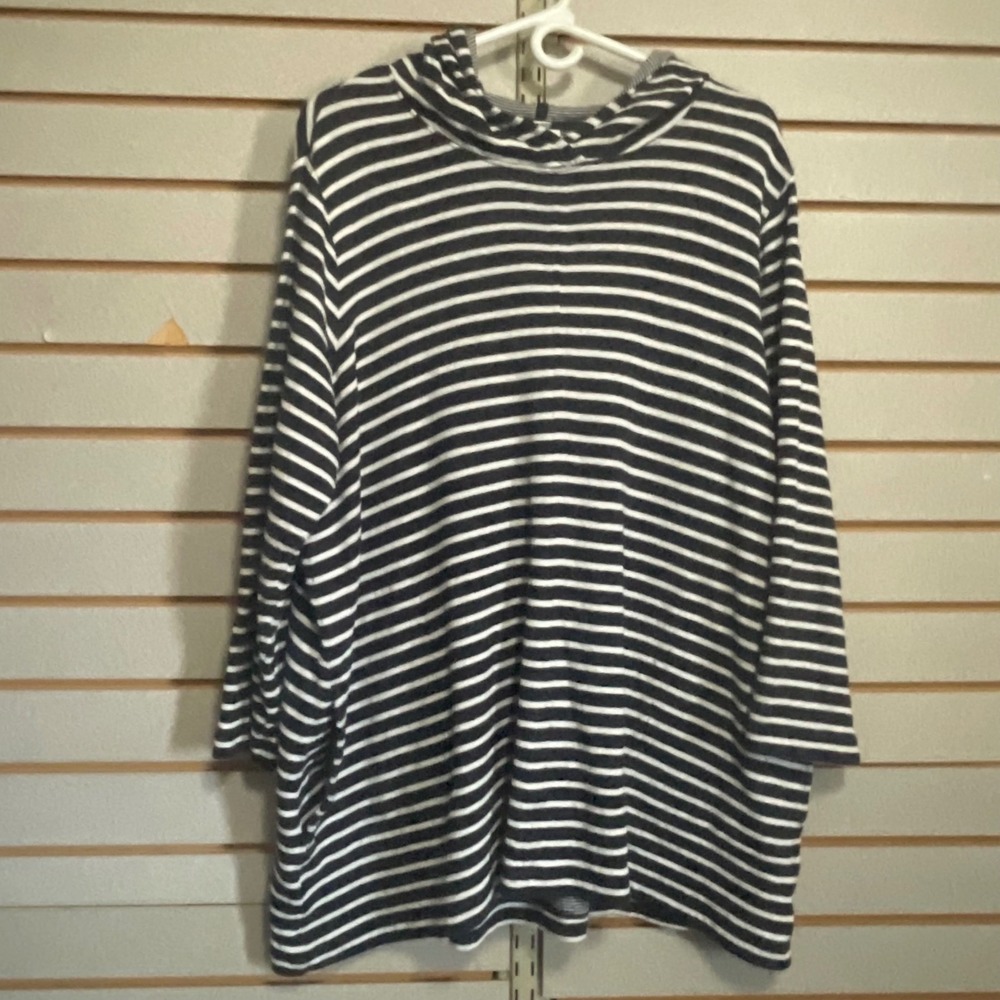 J. Jill Womens XL Navy Blue White Striped Hooded Knit Top with Pockets